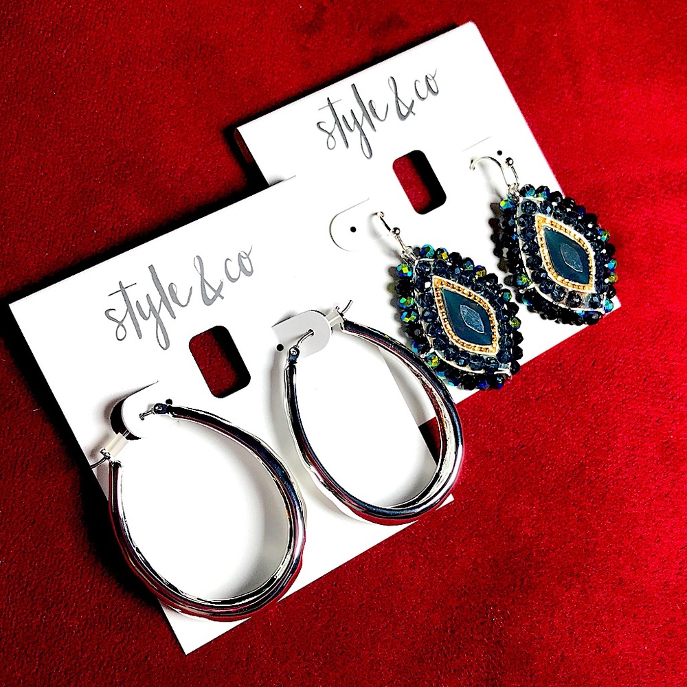 ✨Set of 2! NWT Style & Co. Silver Hoop and Blue Beaded Drop Earring Set